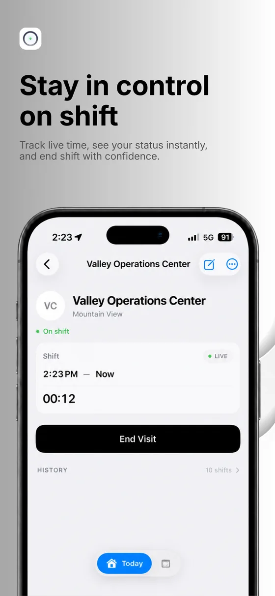Mira caregiver app, live shift screen