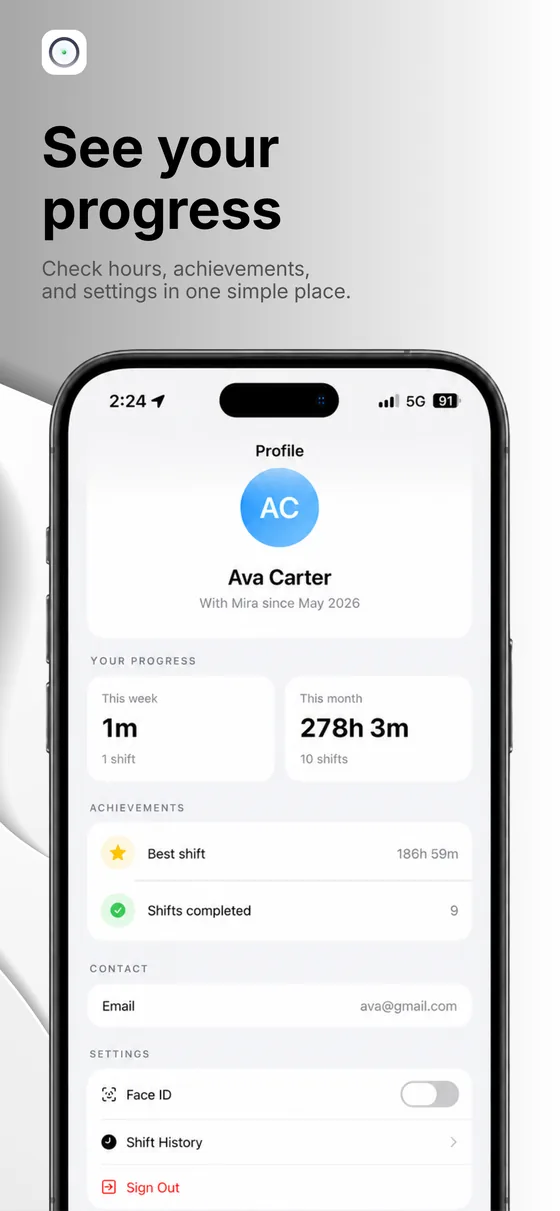 Mira caregiver app, profile and hours